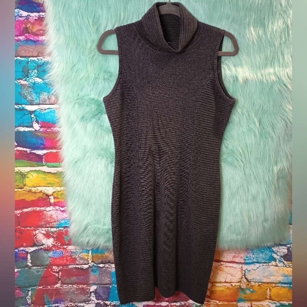 Calvin Klein Black Sleeveless Ribbed Cowl Neck Knit Sweater Dress Size M - Picture 7 of 10